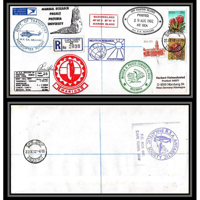 98445 signé signed recommandé ms/sa agulhas 1982 marion islands helicopter rsa south africa antarctic antarctique lettre