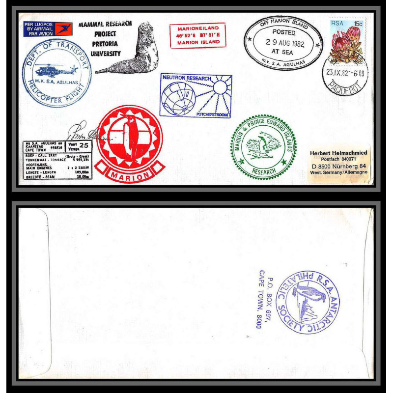 98448 signé signed recommandé ms/sa agulhas 29/8/1982 rsa south africa antarctic antarctique lettre cover