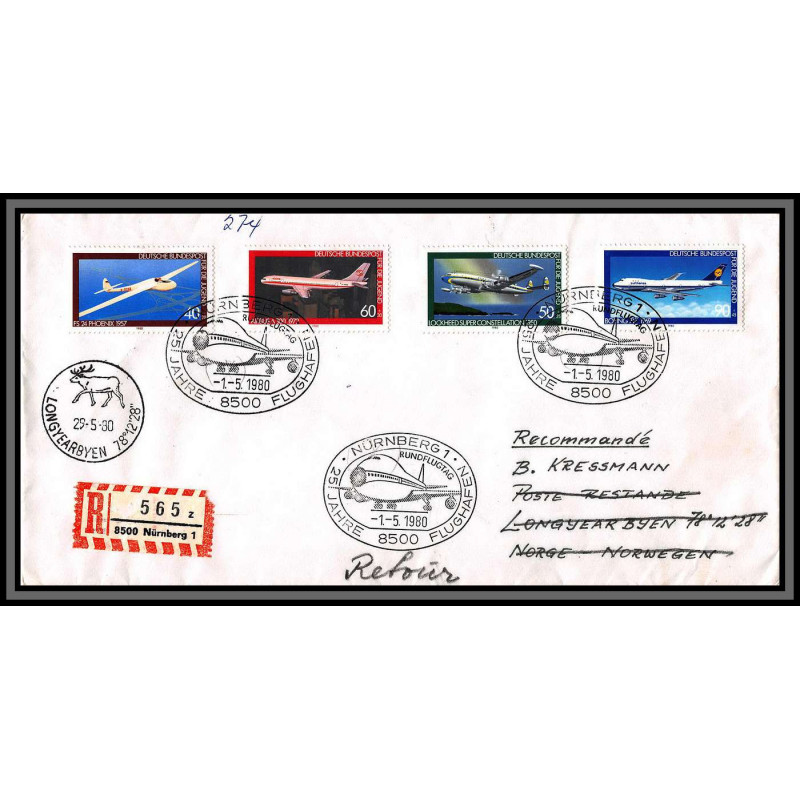 98477 recommandé nurnberg 1/5/1990 25 jahre flughahen aeroport allemagne germany lettre cover