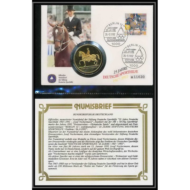 11526/ Lettre (cover Numisbrief monnaies coins) Deusche Sporthilfe (chevaux horse horses) 26/5/1992 Allemagne (germany)