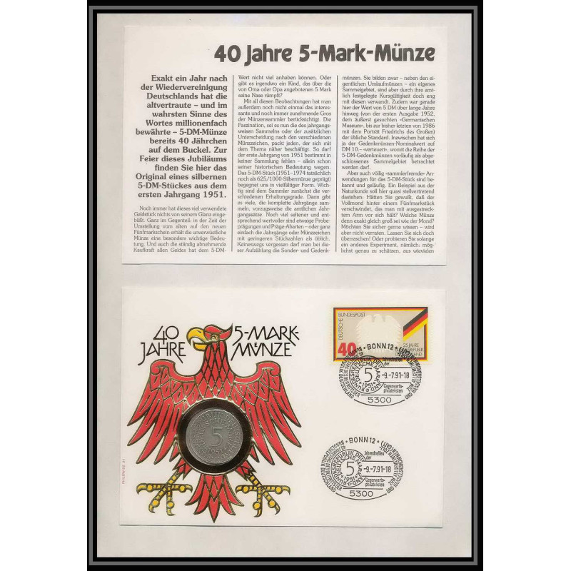 11538/ Lettre (cover Numisbrief monnaies coins) 40 Jahre 5- Mark Münze 5 9/7/1991 Allemagne (germany)