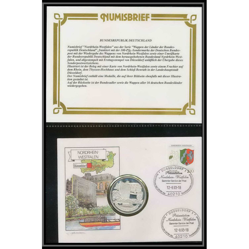 11568/ Lettre (cover Numisbrief monnaies coins) nordrhein westfalen 12/8/1993 Allemagne (germany)