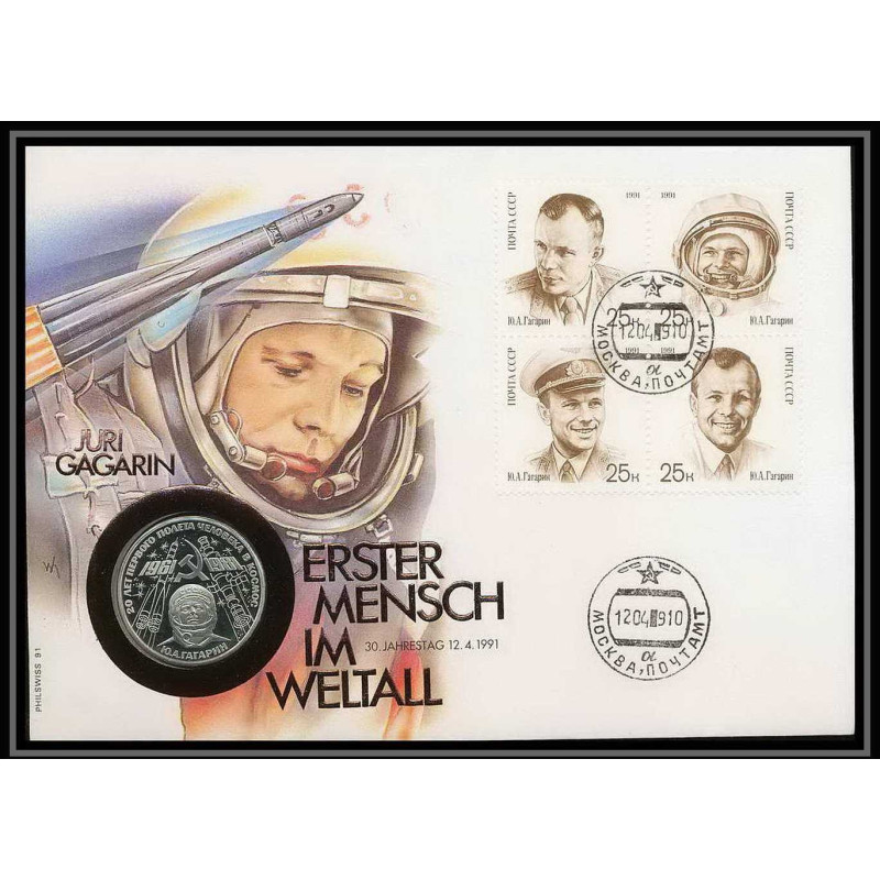 11577/ Lettre (cover Numisbrief monnaies coins) gagarine gagarin erster mensch im weltall 12/4/1991 Allemagne (germany)