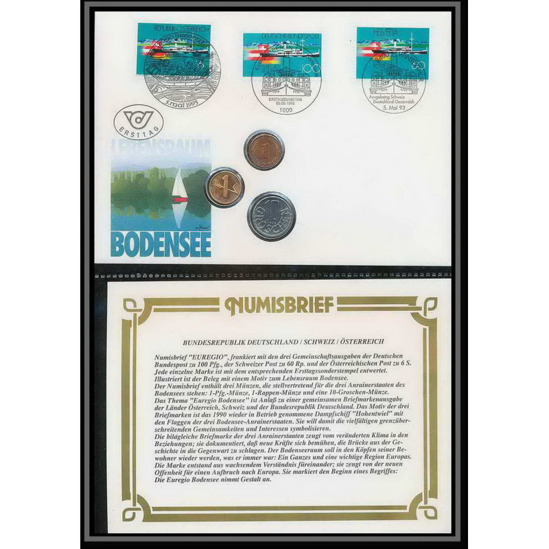 11588/ Lettre (cover Numisbrief monnaies coins) euregio 5/5/1993 Autriche (Austria) Suisse (Swiss) Allemagne (germany)